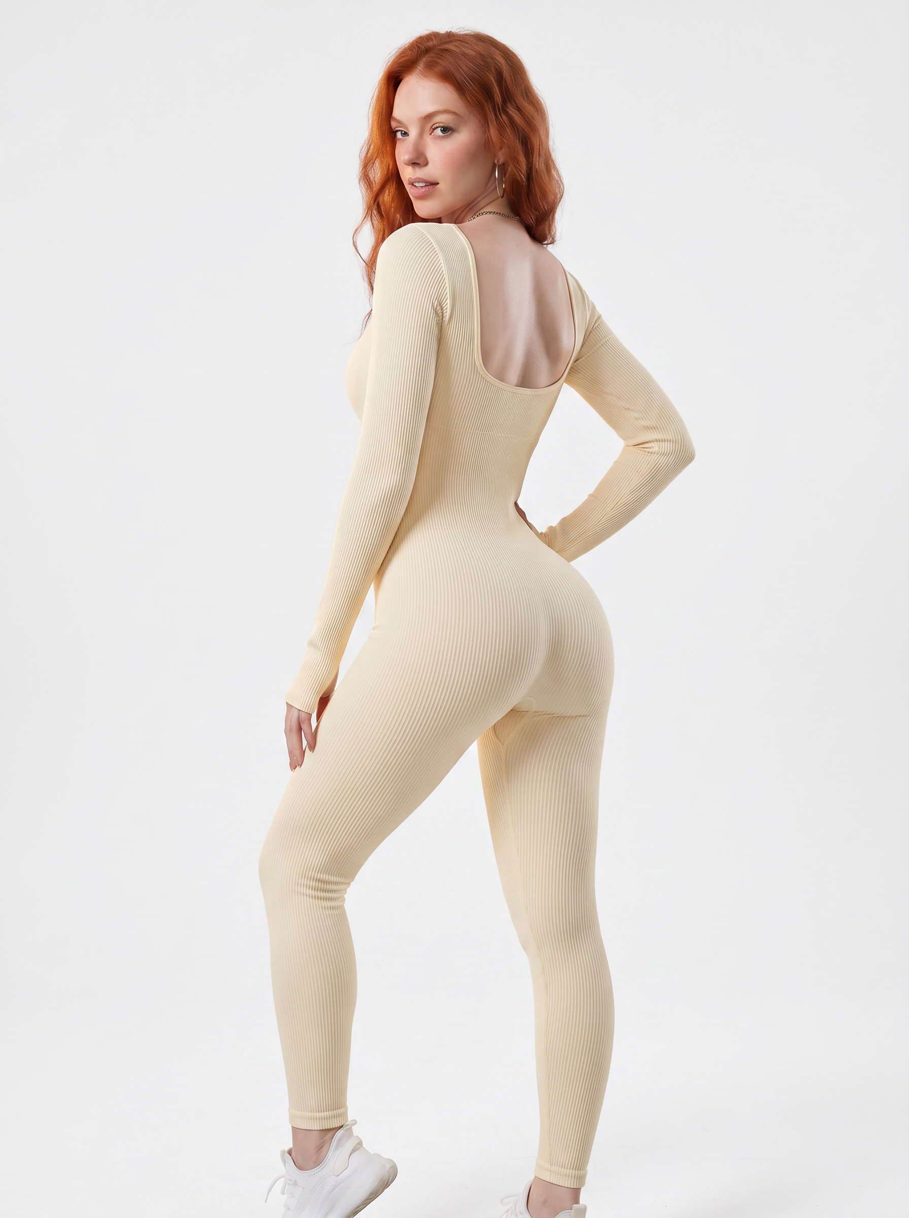 VYVAE Ribbed Yoga Romper Cream - Full Body