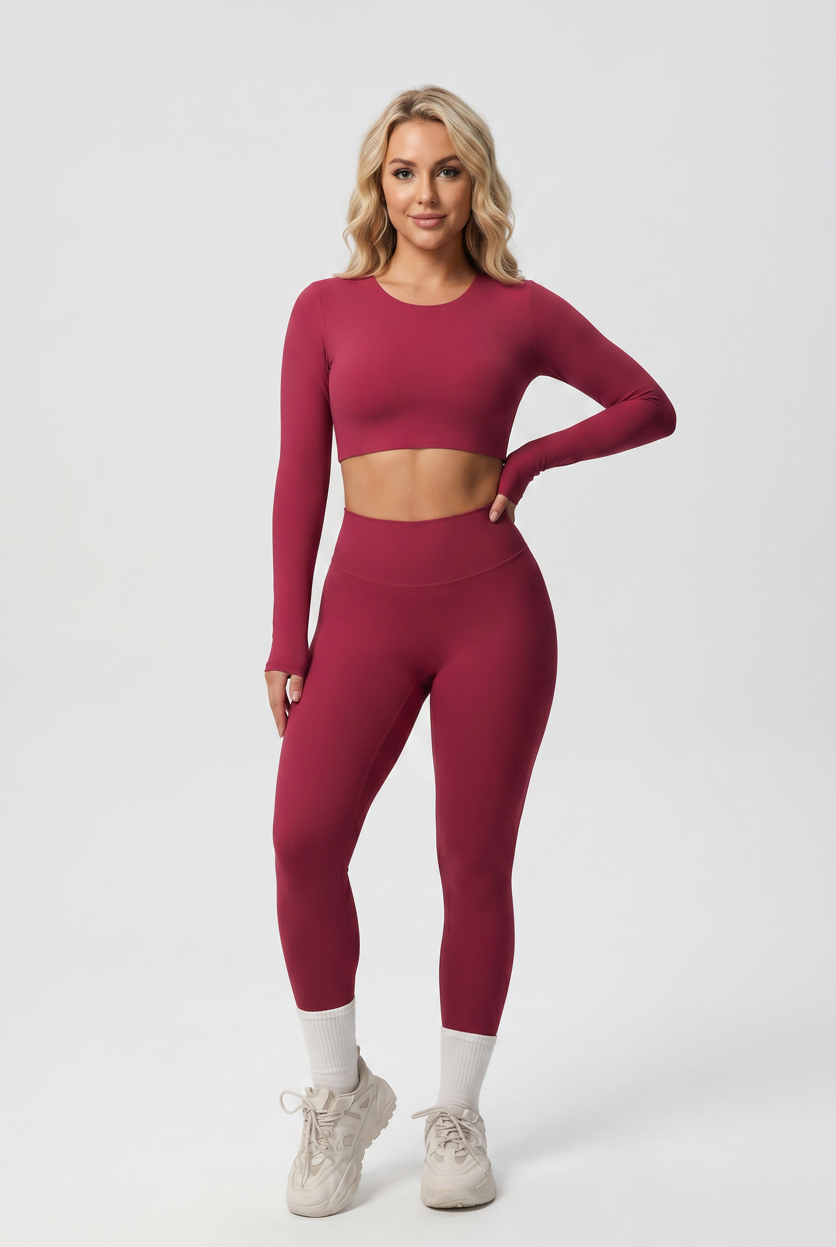 Nylon Nude Yoga Suit Deep Red - Front