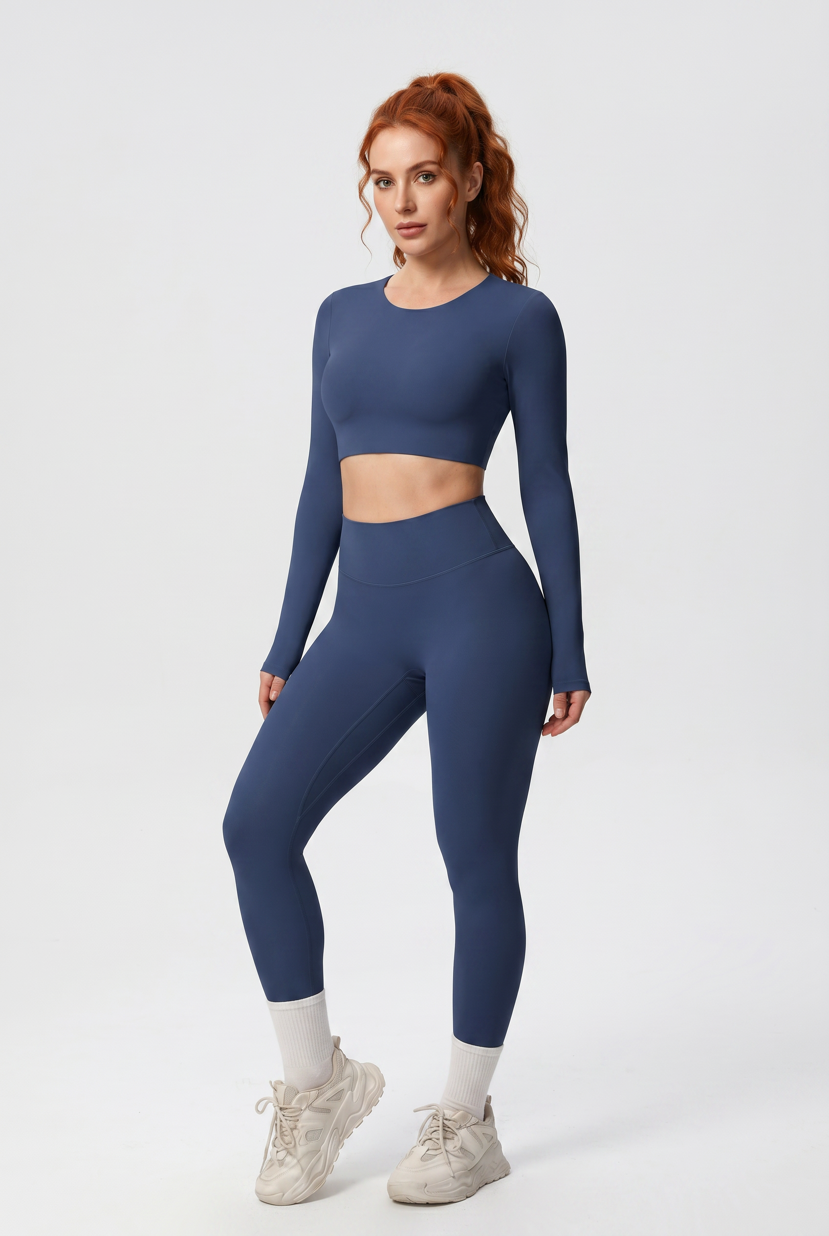 Nylon Nude Yoga Suit Navy Blue - Front