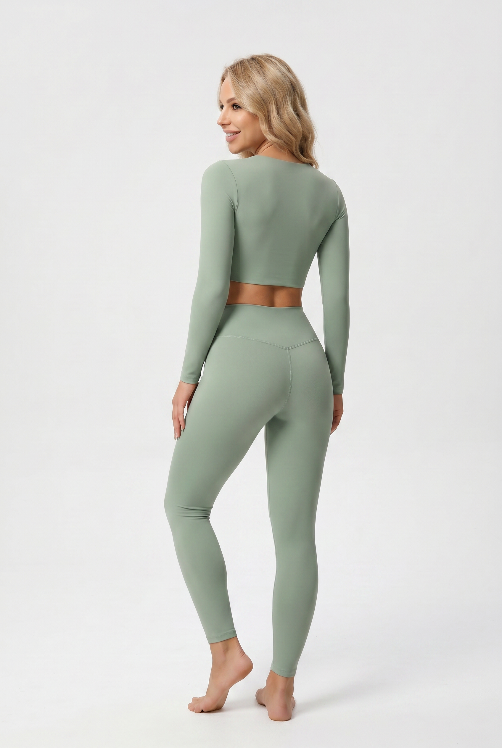 Nylon Nude Yoga Suit Sage Green - Back