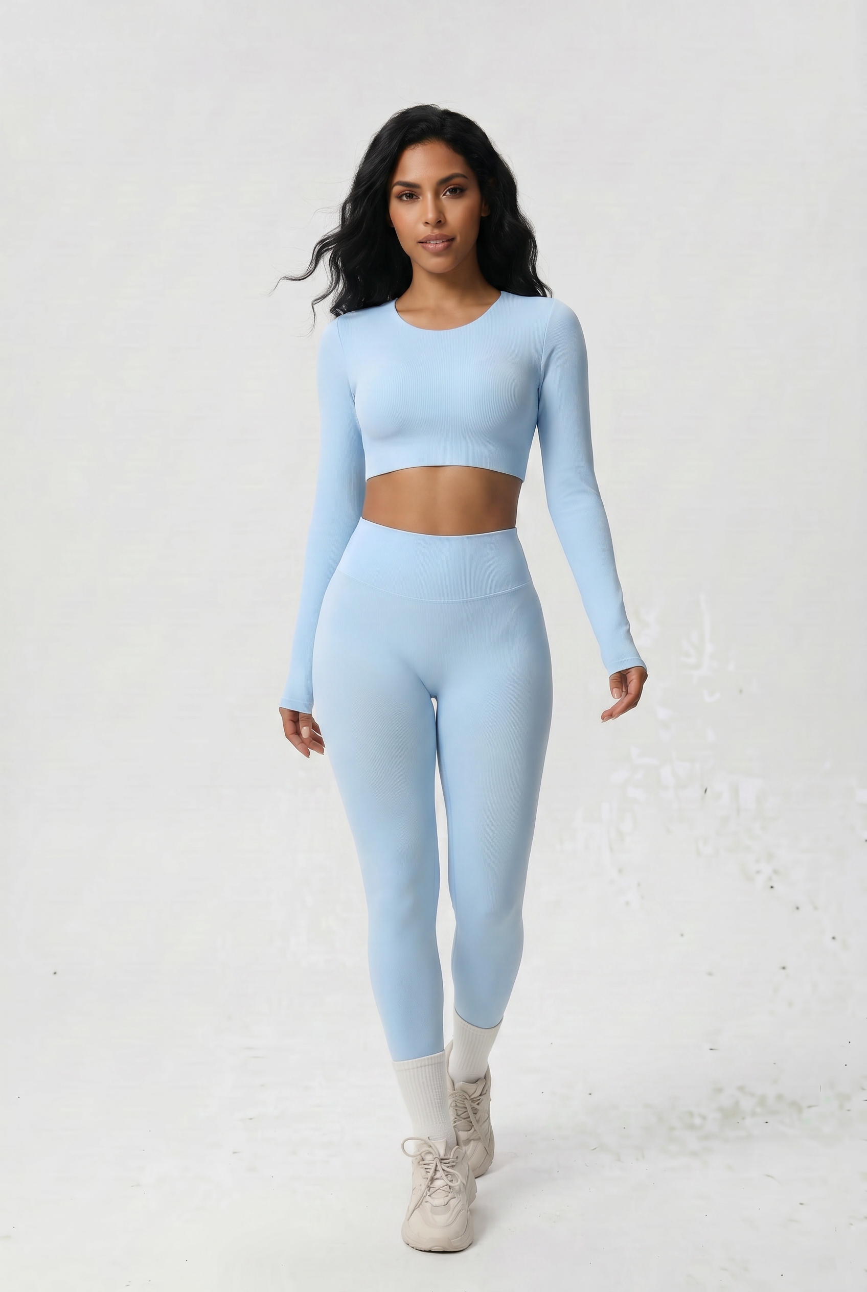Nylon Nude Yoga Suit Ice Blue - Walking