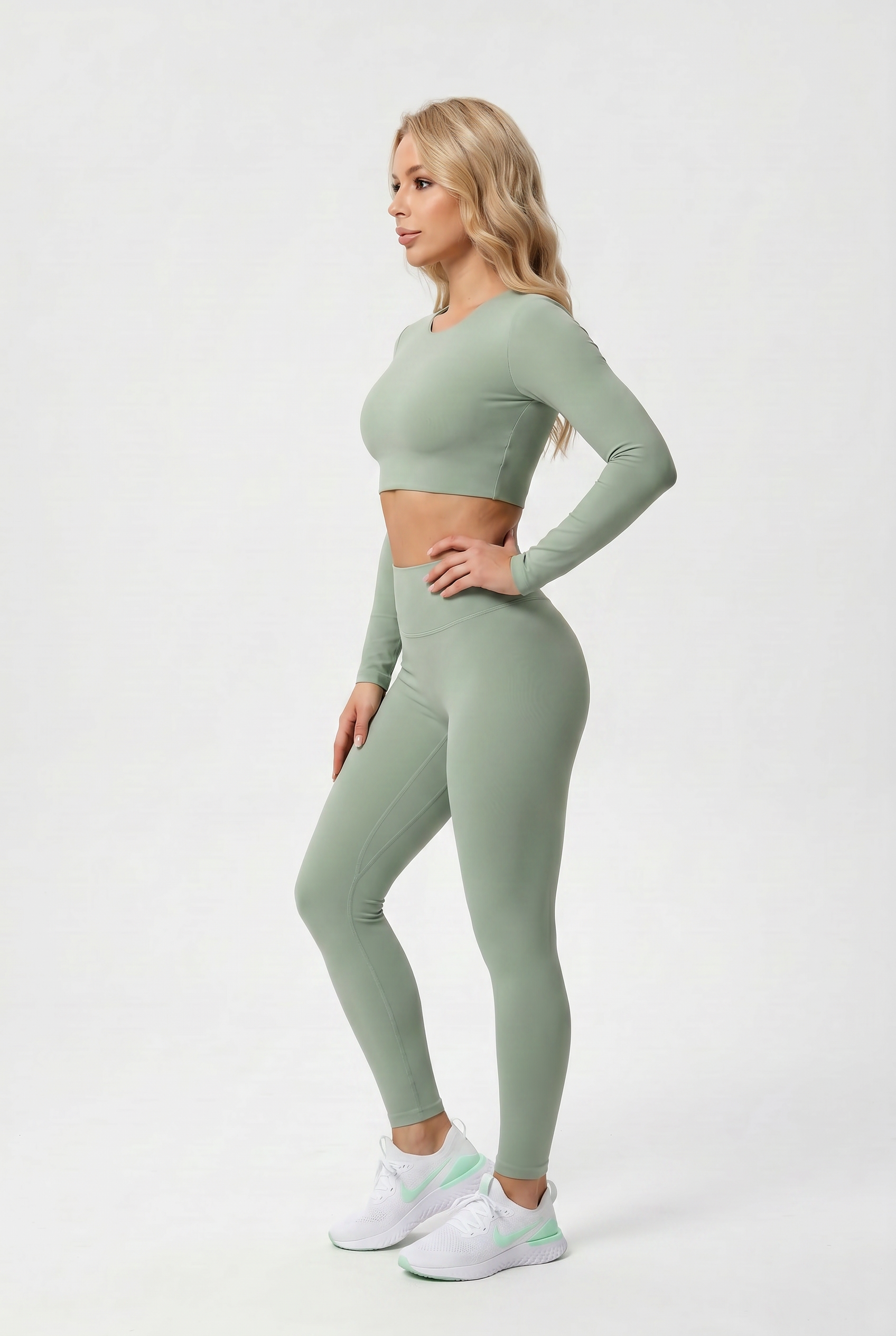 Nylon Nude Yoga Suit Sage Green - Side