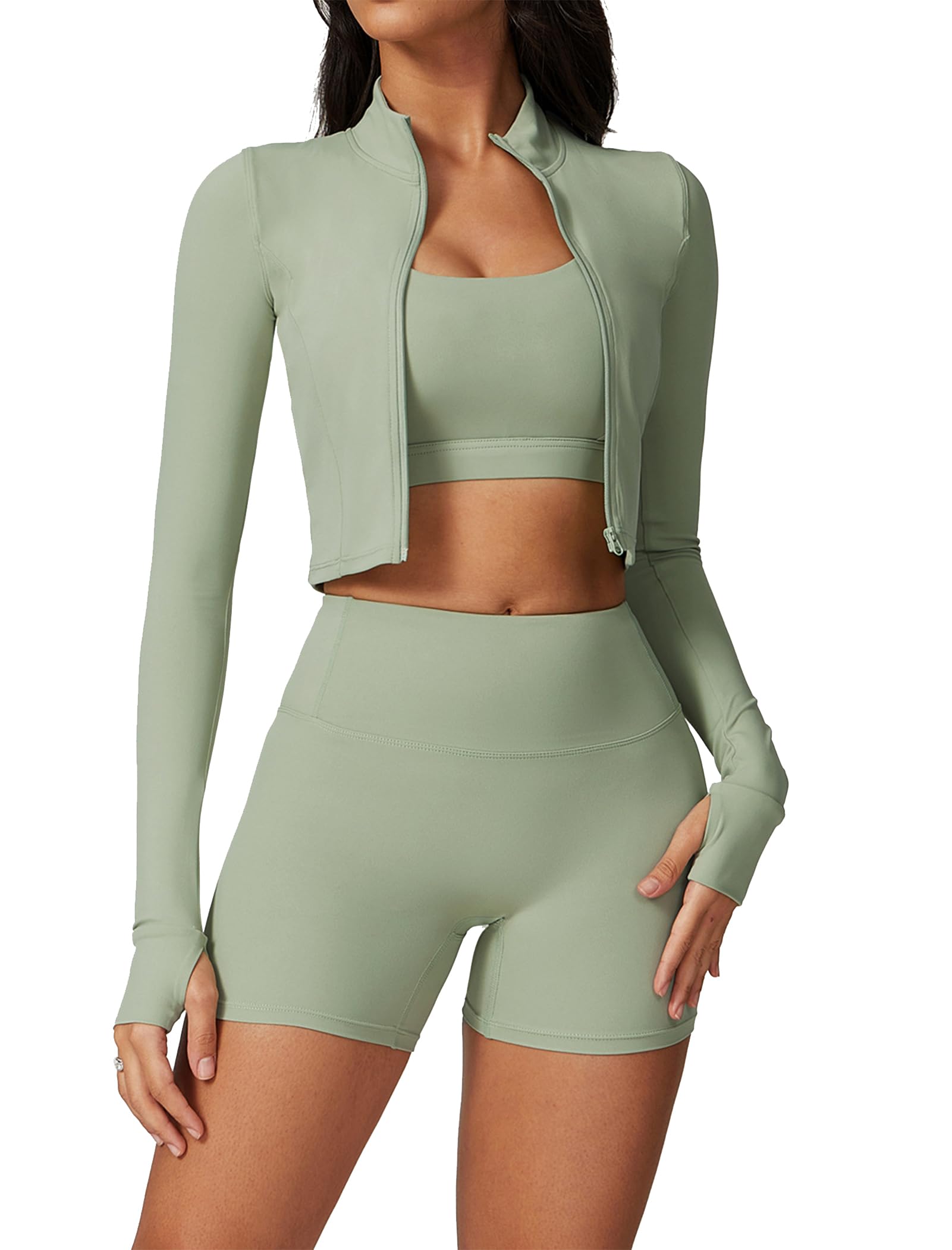 VYVAE 3-Piece Crop Jacket Set Green - Front