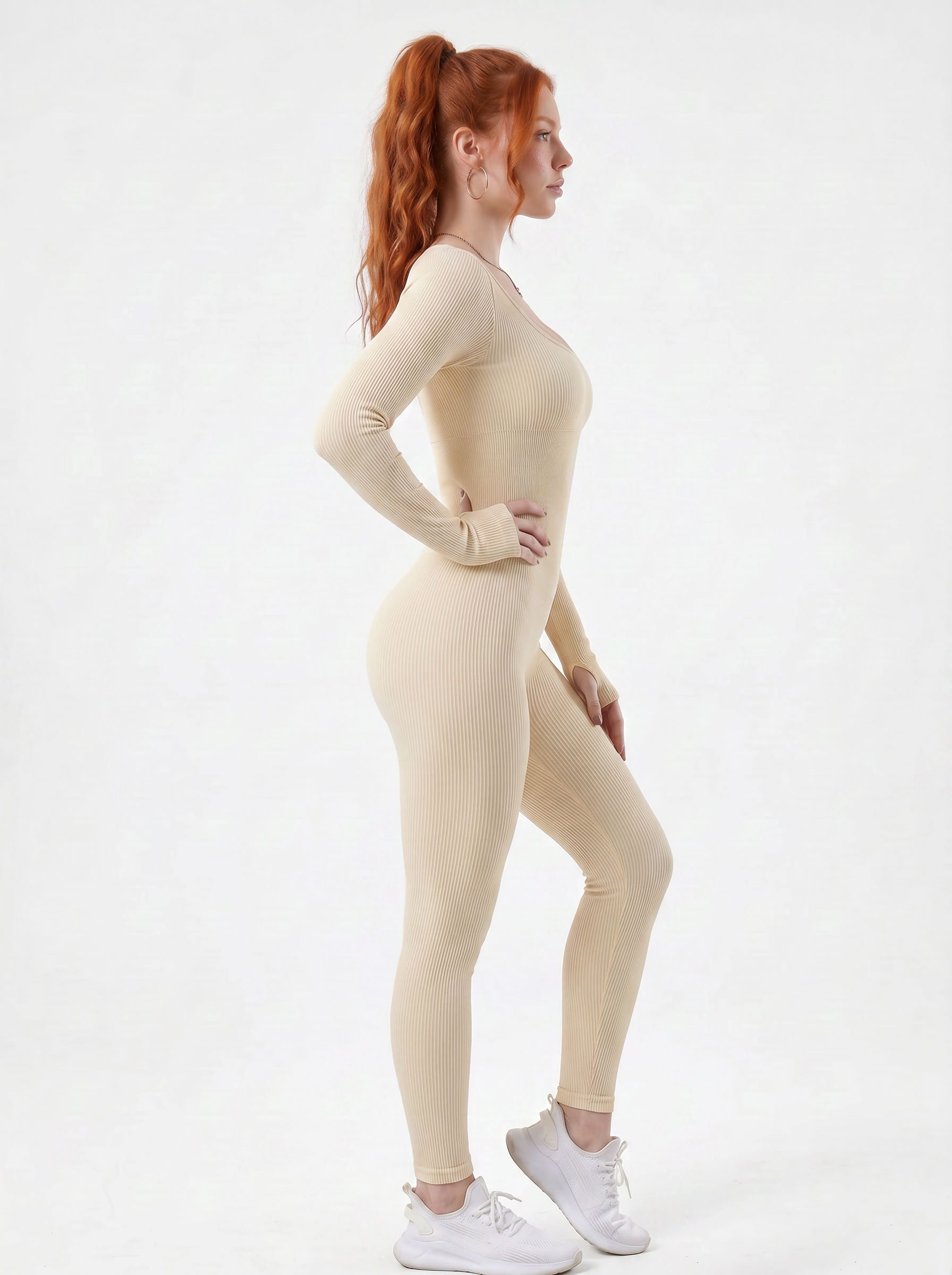 VYVAE Ribbed Yoga Romper Cream - Square Neckline Detail