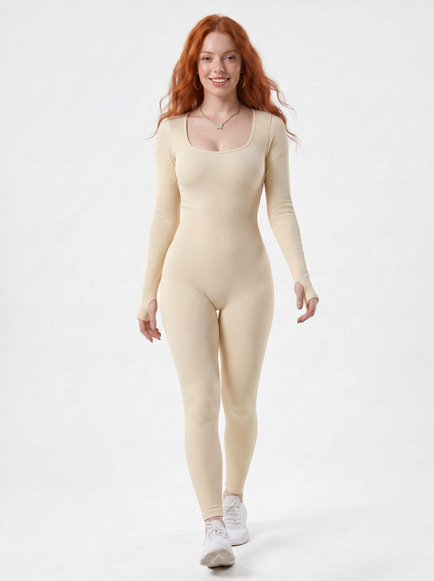 VYVAE Ribbed Yoga Romper Cream - Detail Close-up