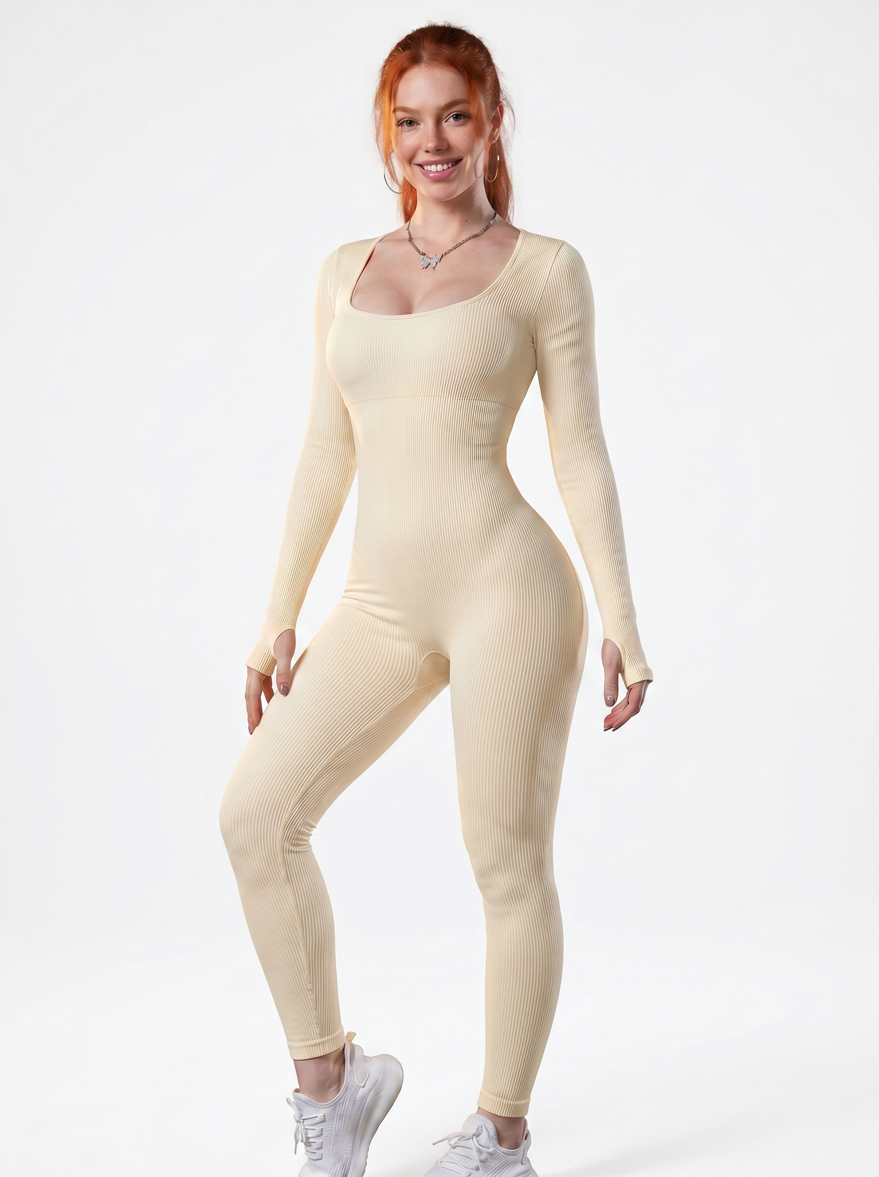 VYVAE Ribbed Yoga Romper Cream - Front View