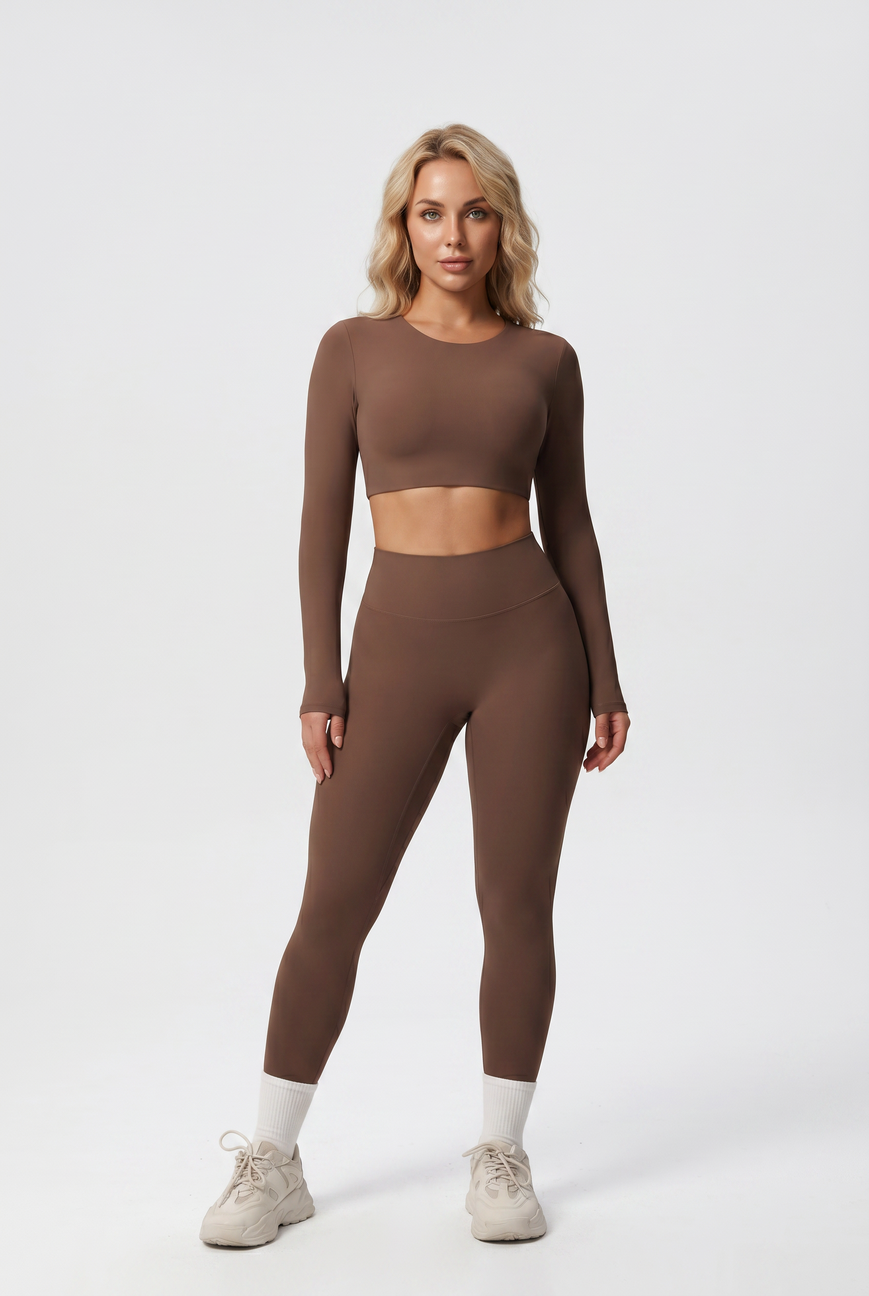 Nylon Nude Yoga Suit Mocha Brown - Front