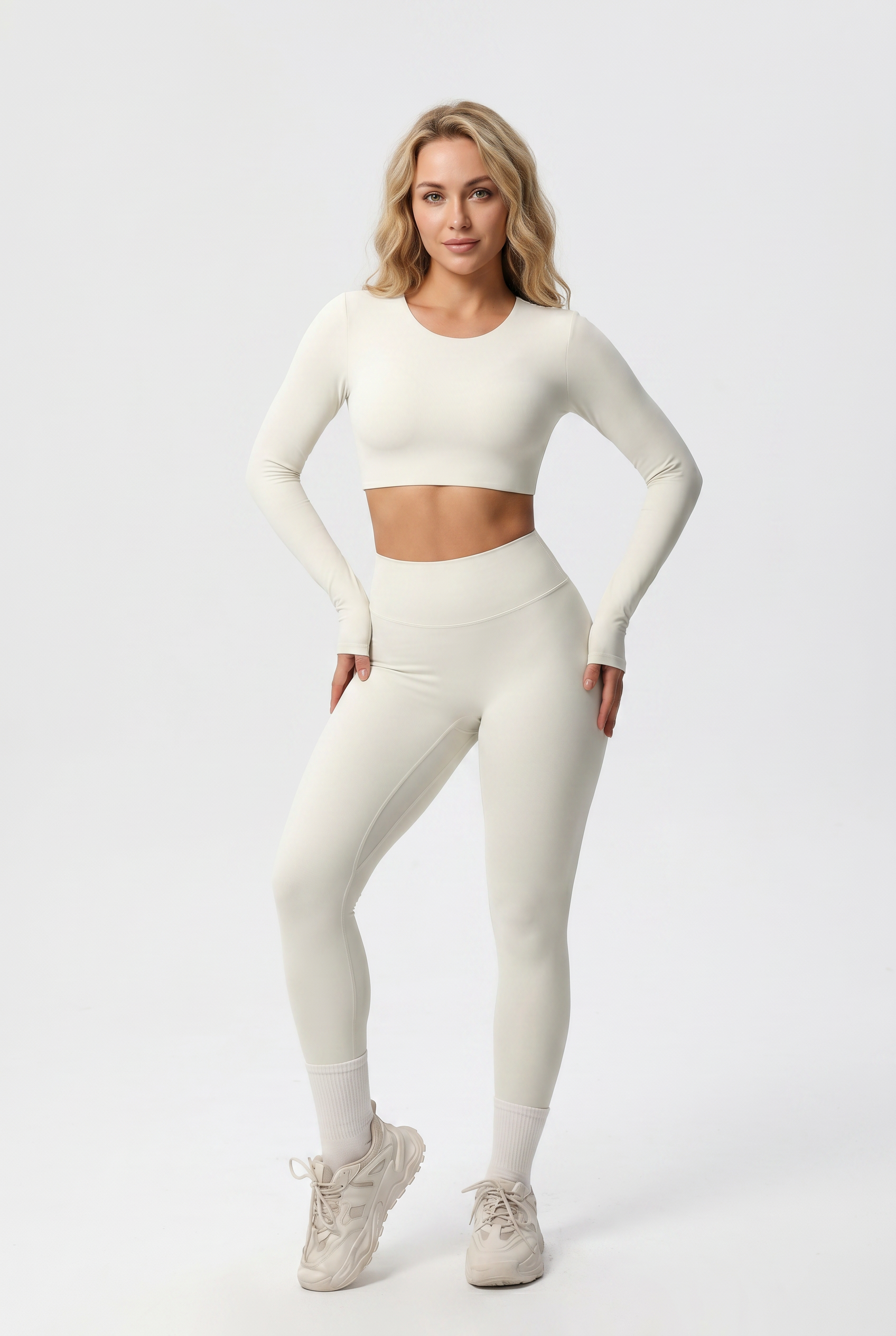 Nylon Nude Yoga Suit Cream White - Front