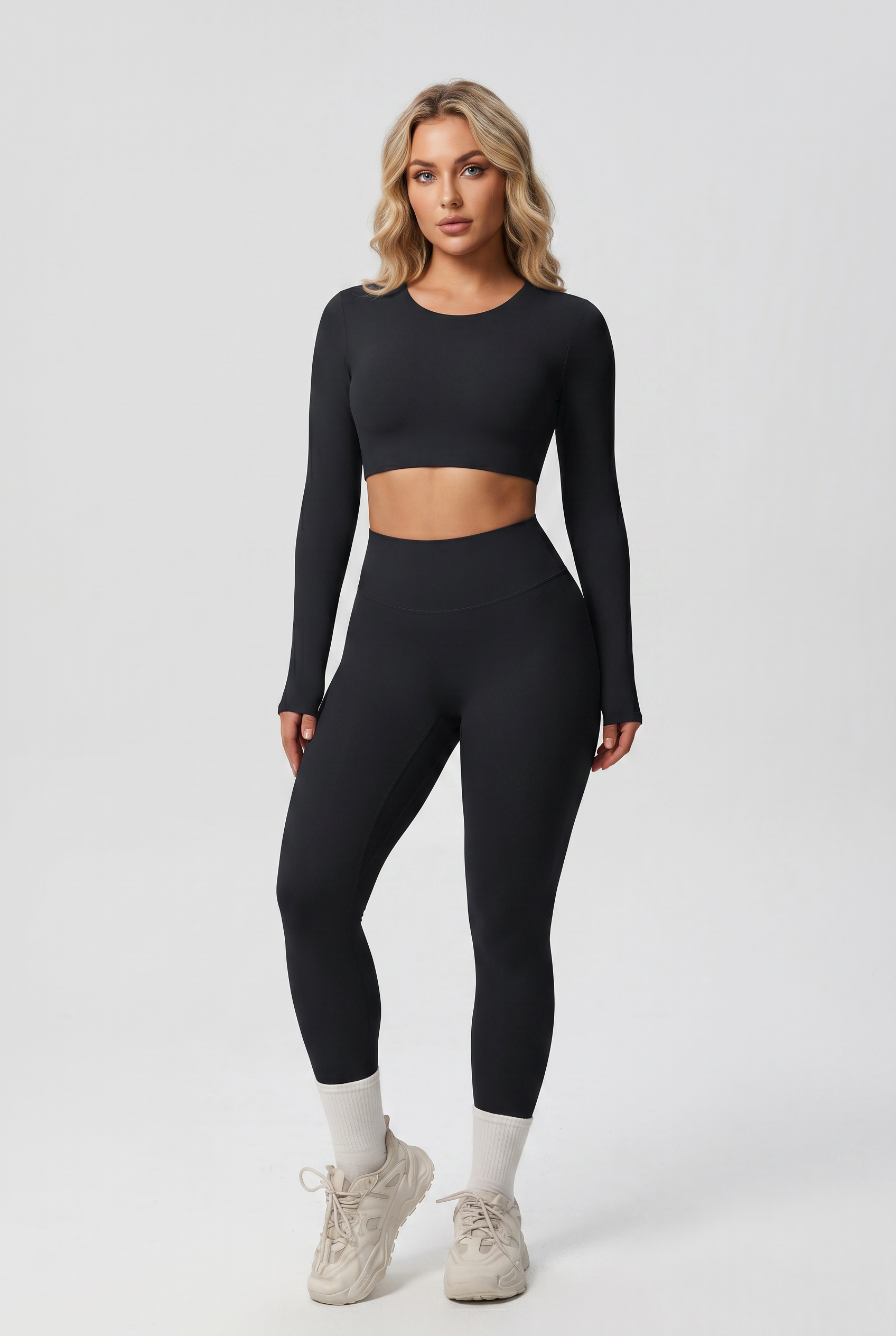 Nylon Nude Yoga Suit Jet Black - Front