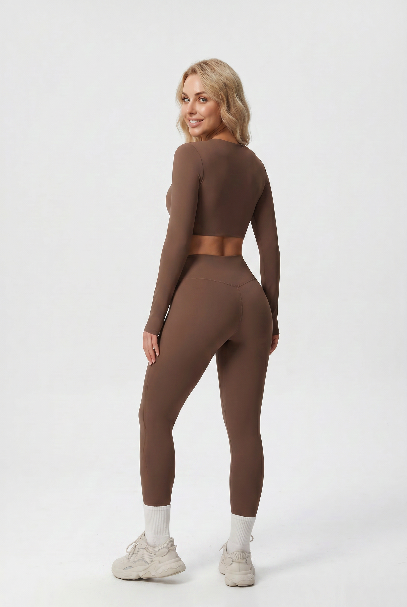 Nylon Nude Yoga Suit Mocha Brown - Back