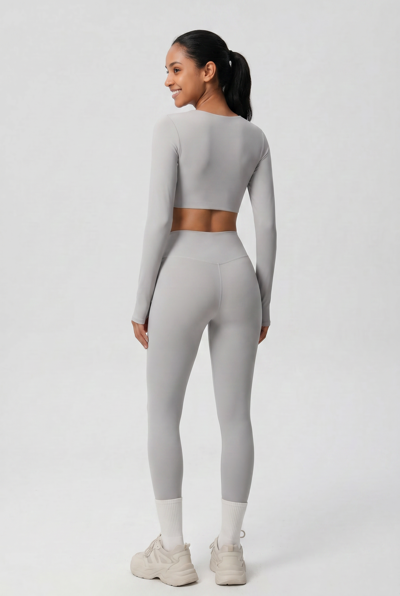 Nylon Nude Yoga Suit Light Grey - Back