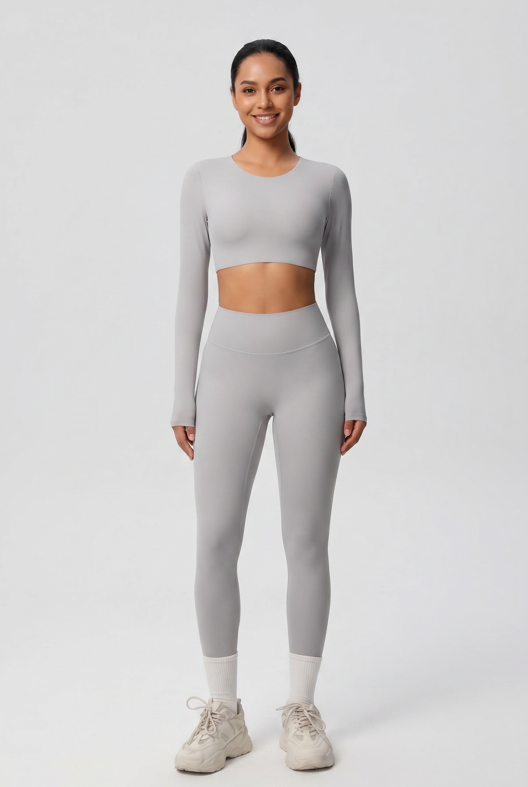 Nylon Nude Yoga Suit Light Grey - Front