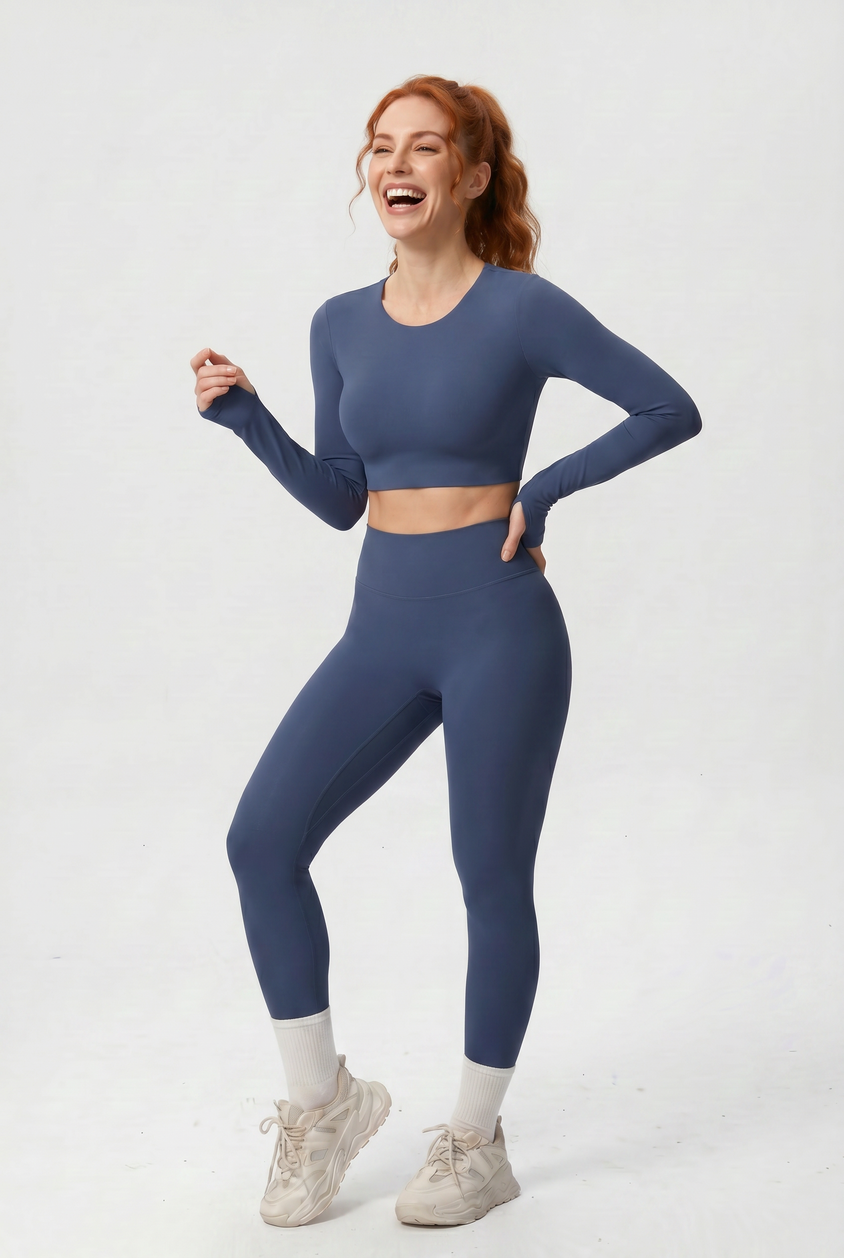 Nylon Nude Yoga Suit Navy Blue - Walking
