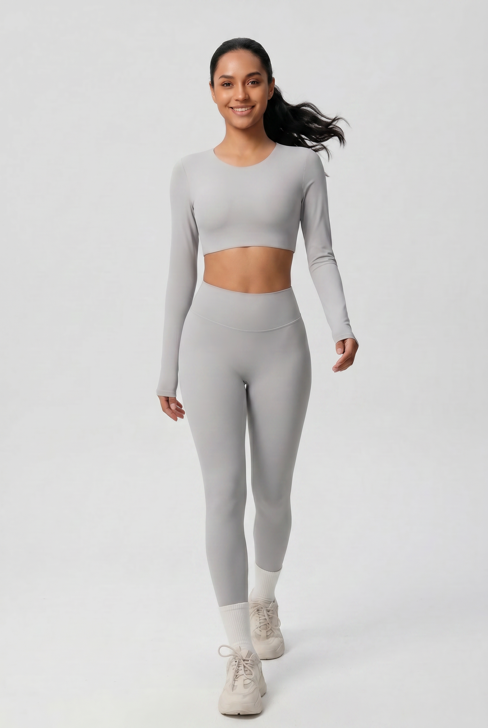 Nylon Nude Yoga Suit Light Grey - Side