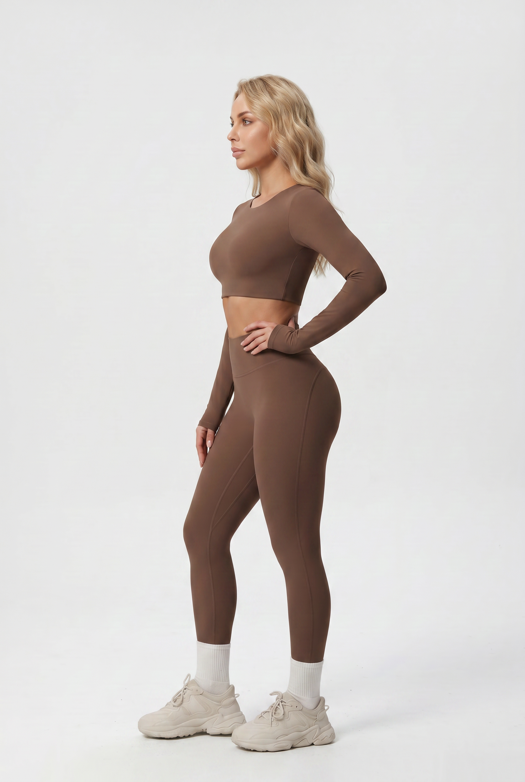 Nylon Nude Yoga Suit Mocha Brown - Side