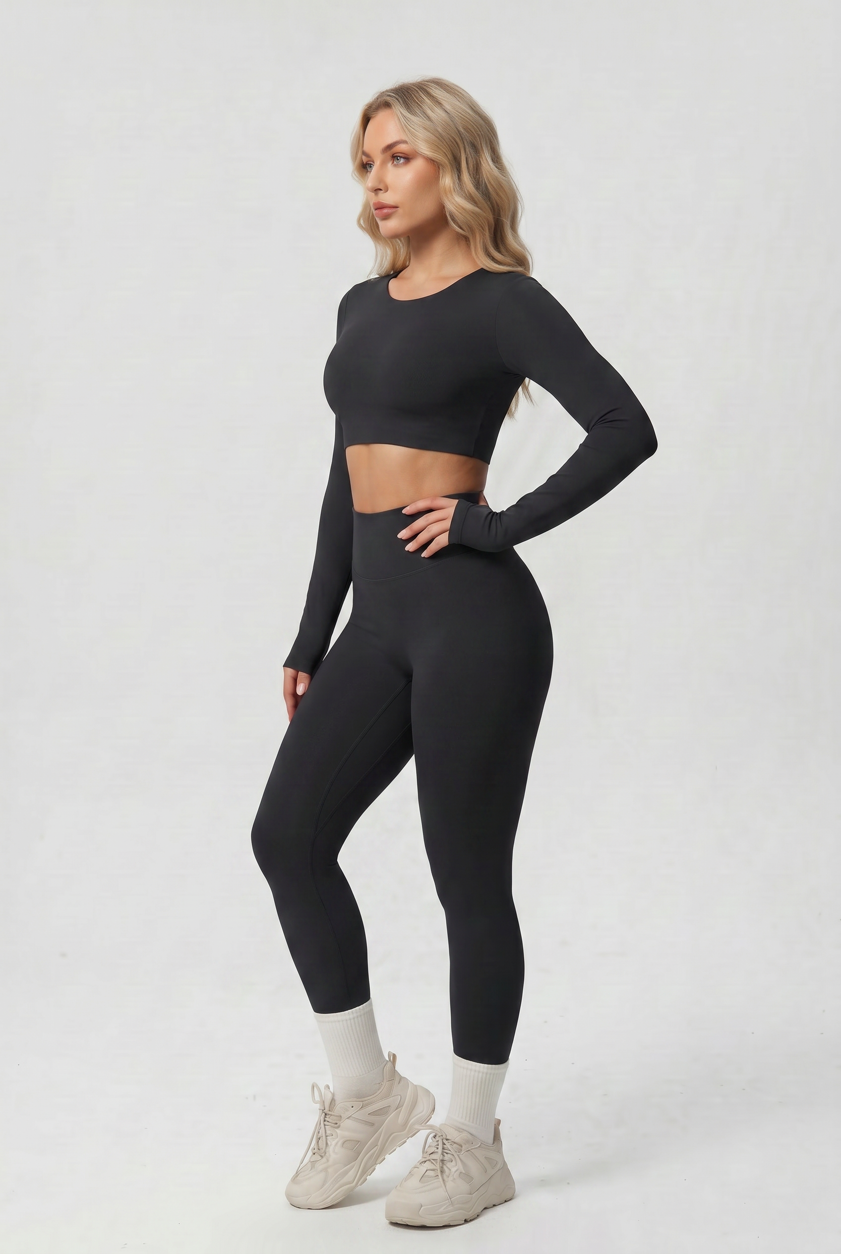 Nylon Nude Yoga Suit Jet Black - Side