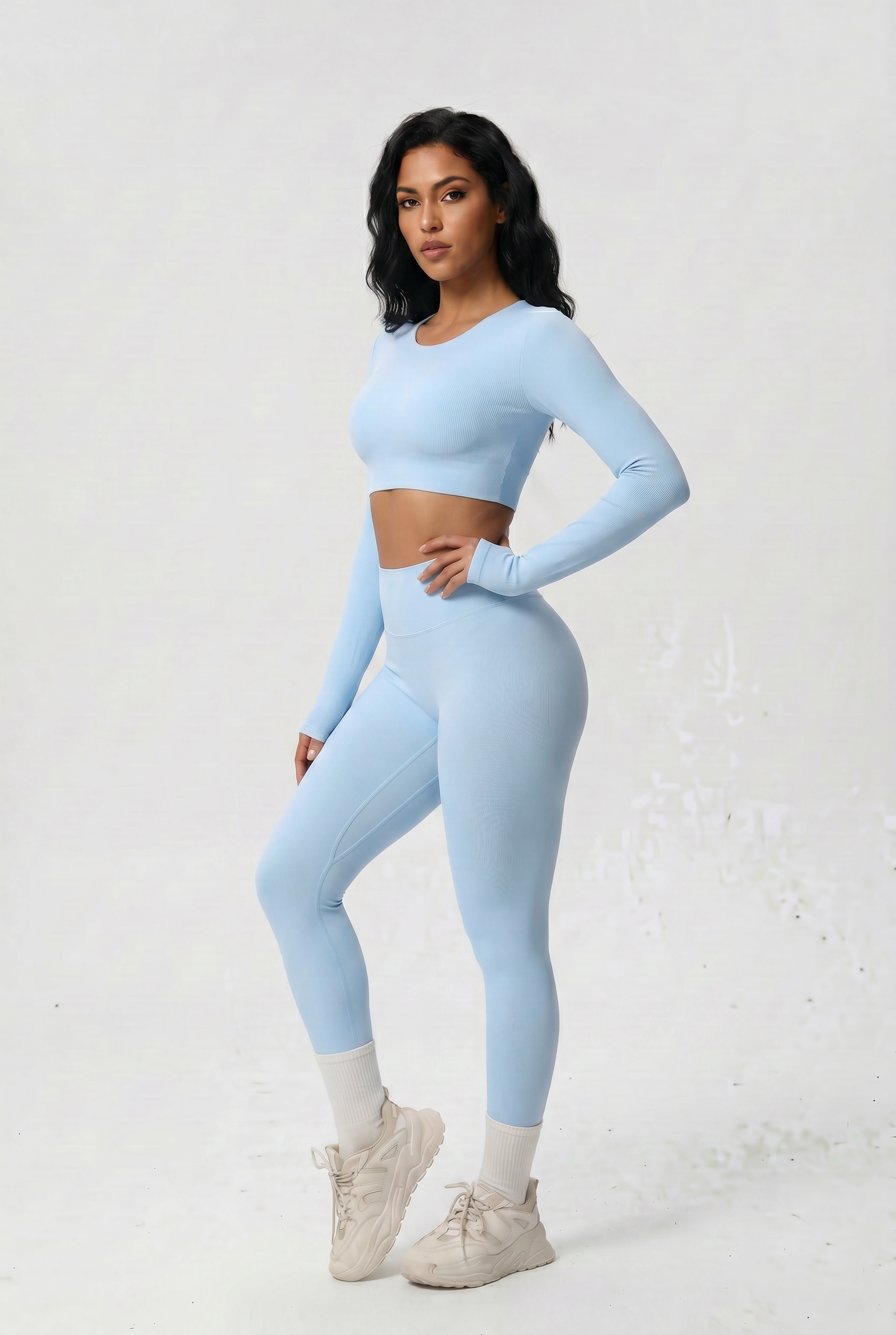 Nylon Nude Yoga Suit Ice Blue - Side