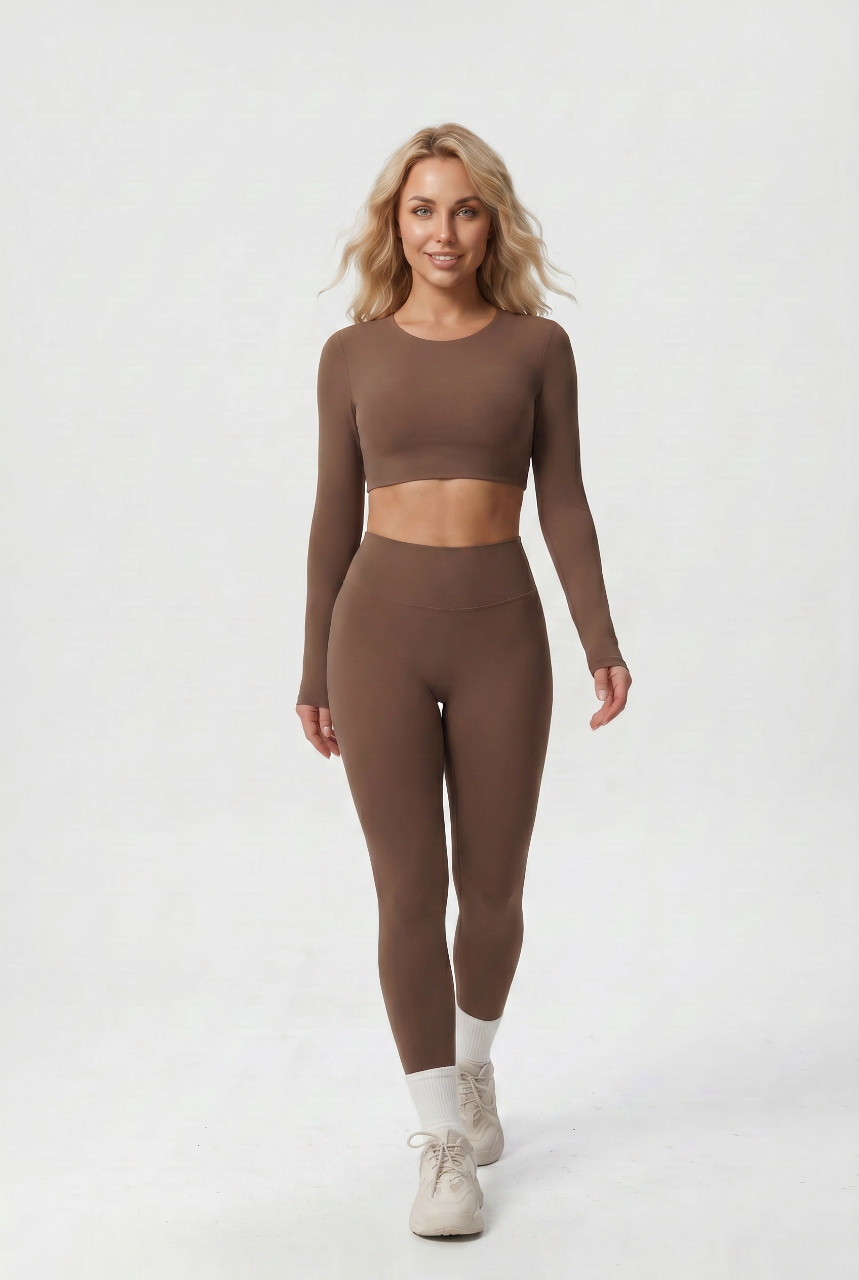 Nylon Nude Yoga Suit Mocha Brown - Walking